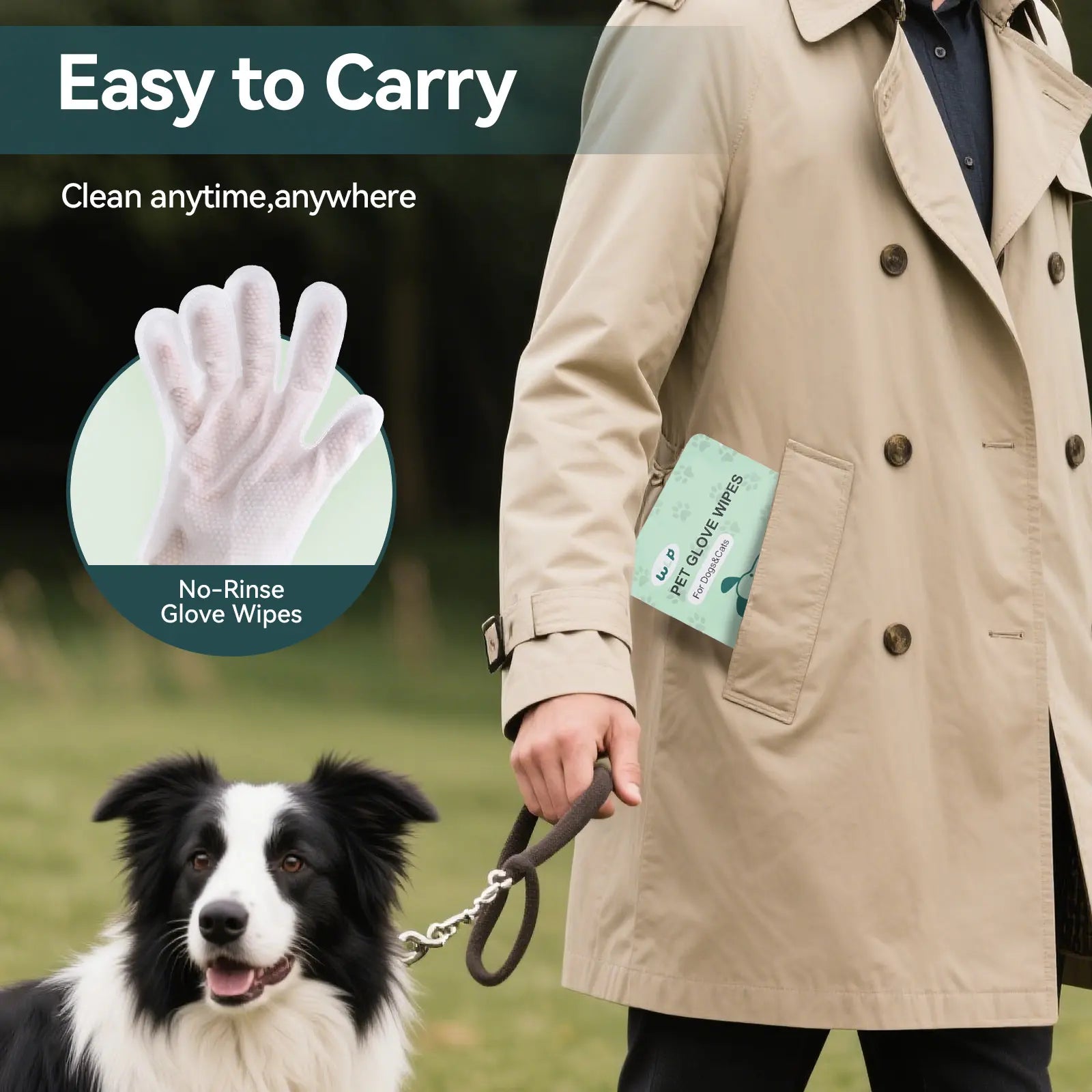 WLP Pet Glove Wipes for Dogs & Cats,Bath Wipes for Bathing and Washing Pets,Hypoallergenic No-Rinse Grooming,Daily Care and Traveling,Individually Packaged,Prevent Evaporation,Easy to Carry