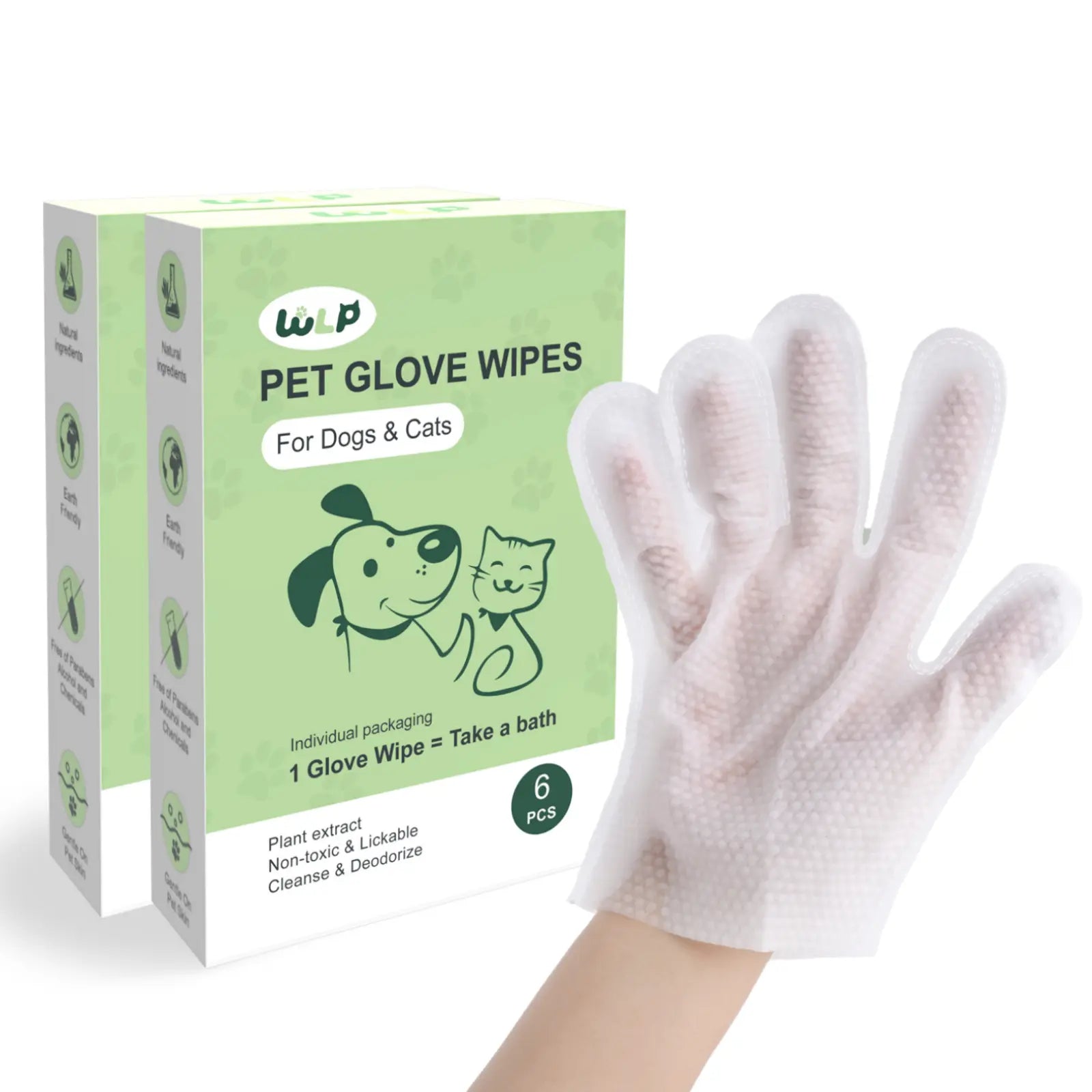 WLP Pet Glove Wipes for Dogs & Cats,Bath Wipes for Bathing and Washing Pets,Hypoallergenic No-Rinse Grooming,Daily Care and Traveling,Individually Packaged,Prevent Evaporation,Easy to Carry