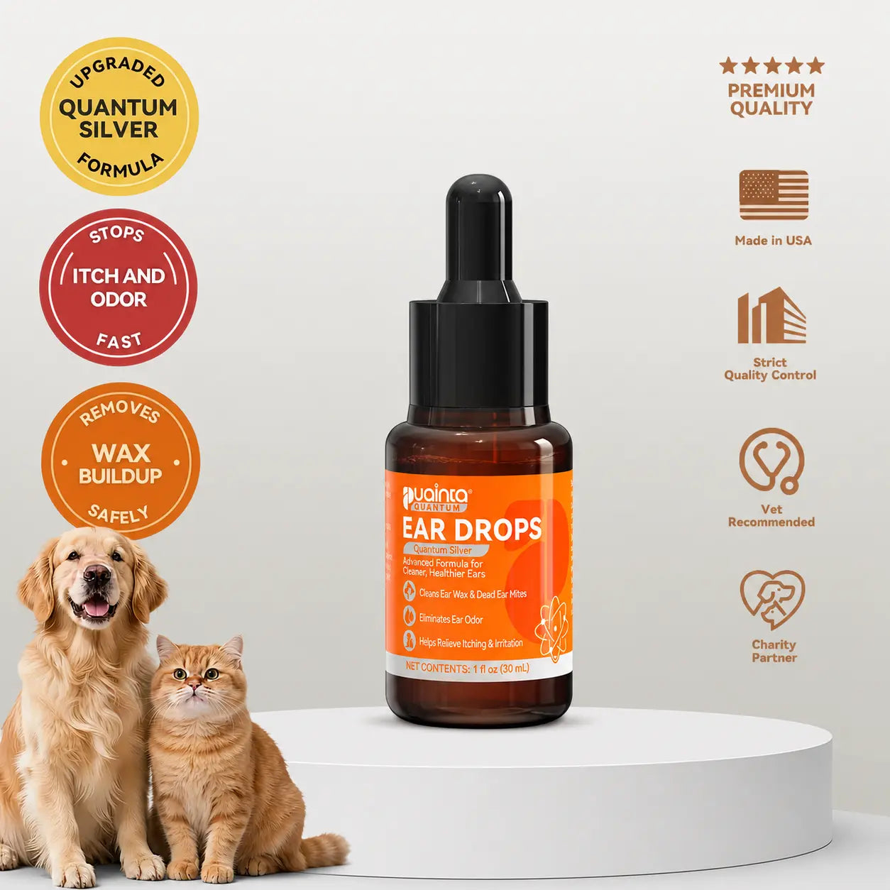 Puainta Quantum Silver Ear Drops - Ultimate Ear Infection Treatment for Dogs and Cats, 30ml Solution for Itchy Ears and Ear Mites