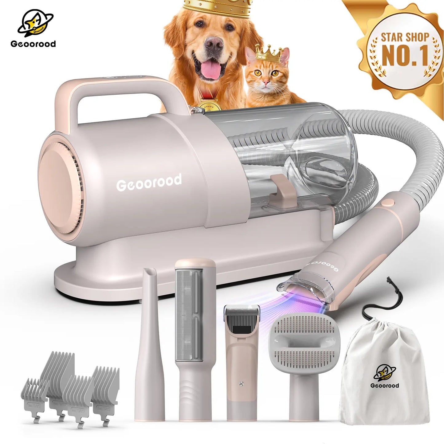 Geoorood All-In-One Dog Grooming Vacuum Kit: Powerful 10Kpa Suction, 2.2L Dust Tank, Lightweight Design & Adjustable Combs - The Ultimate Grooming Solution for Pet Lovers!