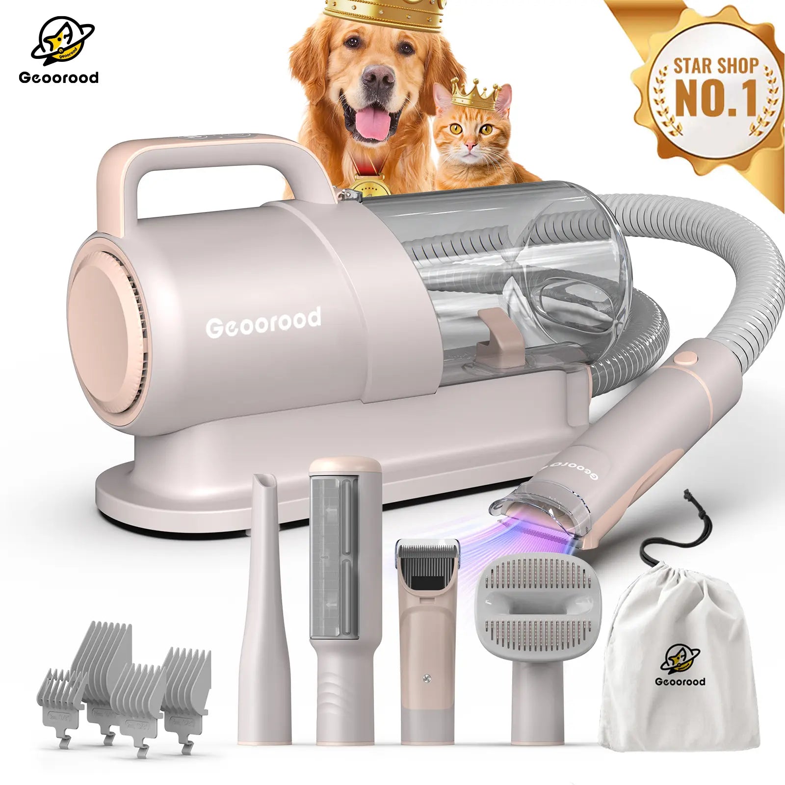 Geoorood All-In-One Dog Grooming Vacuum Kit: Powerful 10Kpa Suction, 2.2L Dust Tank, Lightweight Design & Adjustable Combs - The Ultimate Grooming Solution for Pet Lovers!